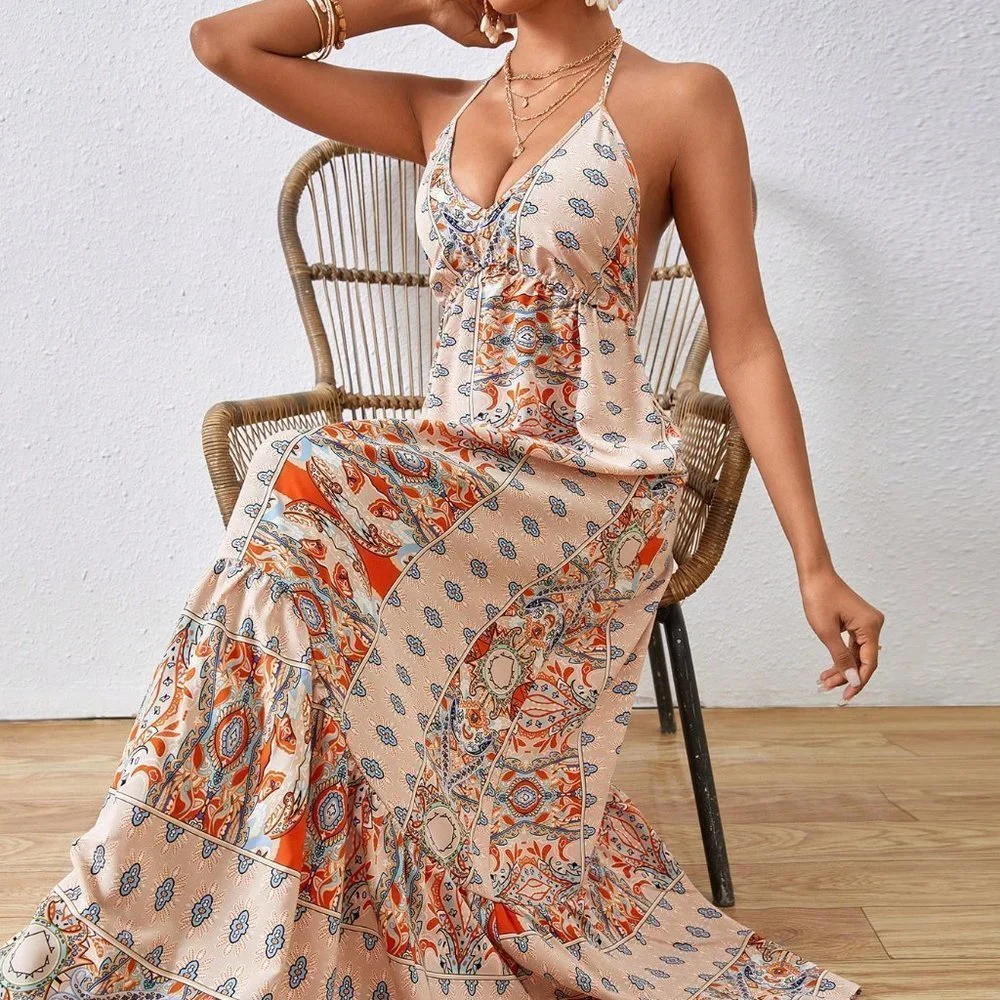 Tan Boho Womens Women's Printed Backless Vacation Dress - Picture 6 of 6